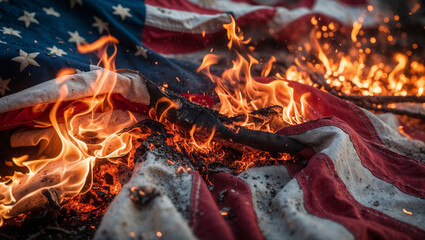 Burning american flag on embers symbolizing destruction and protest