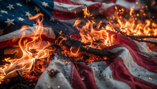 Burning american flag on embers symbolizing destruction and protest