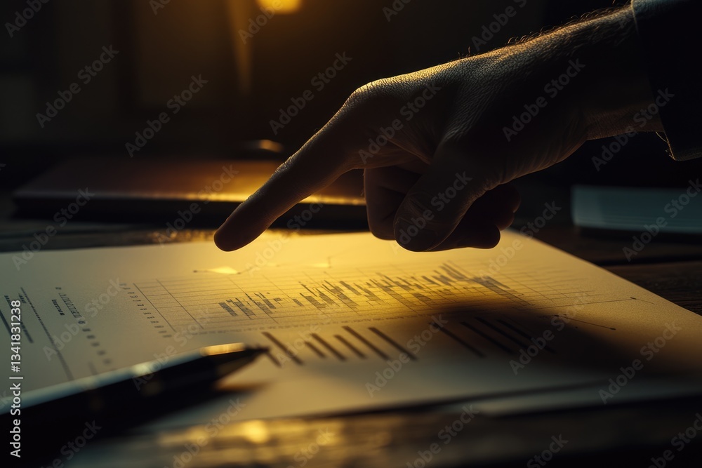 Poster a hand points at financial charts and graphs, analyzing data and market trends in dim light.