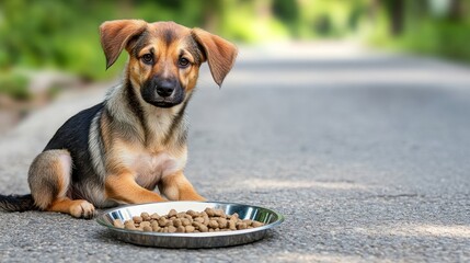 A curious puppy sitting by a roadside with a bowl of dog food, surrounded by greenery