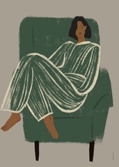 illustration of an elegant woman sitting in a green chair. cozy winter illustration. interior poster, graphics, picture, postcard 