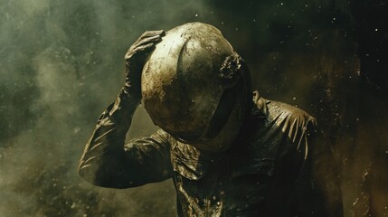 Exhausted miner removes helmet covered in dust and grime after arduous work