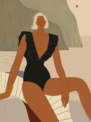 portrait of a girl in a swimsuit near the sea and mountains