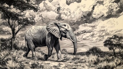 Fototapeta premium A lone elephant walking across the savannah landscape in monochrome