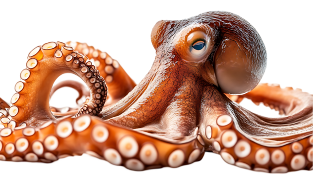 The image features a close-up shot of a brown octopus displaying its tentacles with detailed suction cups and mesmerizing eye.