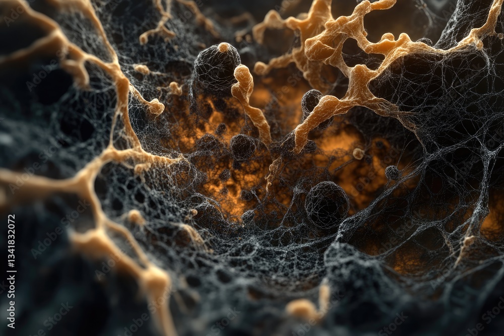 Poster intricate web-like structure with glowing orange accents, resembling a microscopic view or abstract 