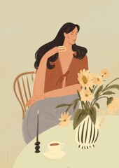 illustration of an elegant woman in a cafe with flowers. cozy summer illustration. interior poster, graphics, painting, postcard 