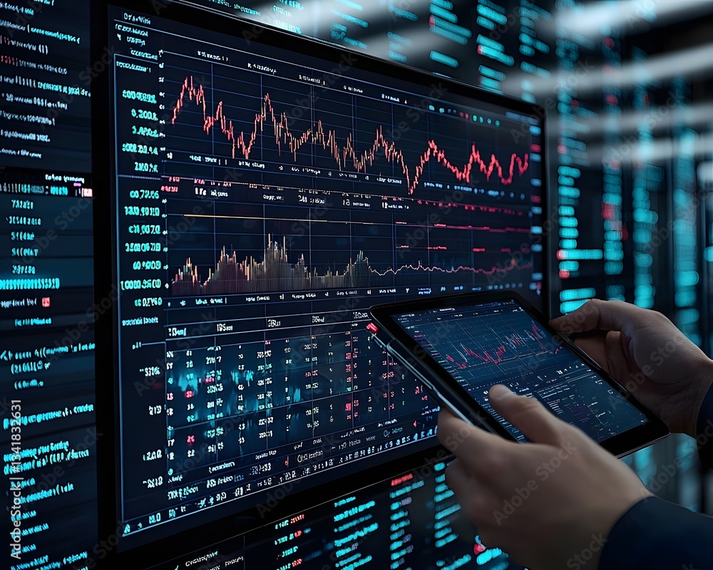 Poster a professional investor analyzing real time performance data on a digital dashboard