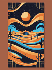 Surreal Night and Day Desert Scene with Retro Aesthetic