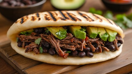Delicious Venezuelan arepa filled with shredded beef, black beans, and avocado, styled with vibrant colors and tropical elements for a rich culinary experience