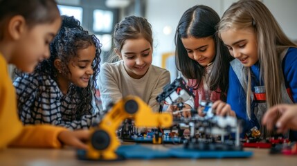A group of young girls from diverse ethnic backgrounds working on a robotics project in a science classroom excitement and curiosity in their expressions