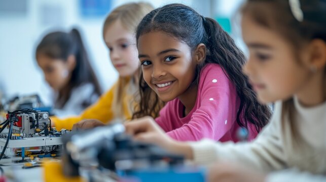 A group of young girls from diverse ethnic backgrounds working on a robotics project in a science classroom excitement and curiosity in their expressions