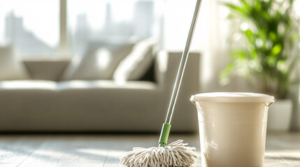 Clean minimalist arrangement of mop and plastic bucket on polished hardwood floor in sunlit room
