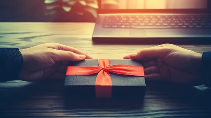 Present exchange at office desk in soft sunlight