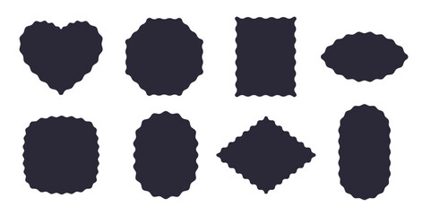 Frames Scalloped Vector Corrugated Shapes Set. Scallop Frame Wavy Retro Stickers Collection. Zig Zag Edge Geometric Borders Tag Boxes. Wiggle Line Design Sign Backgrounds. Isolated