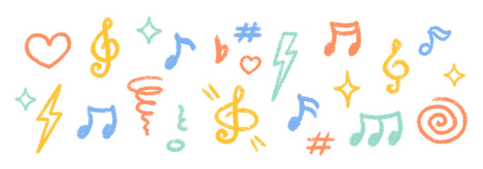 Crayon Musical Notes Vector Set. Chalk Scribble Music Symbol Shapes Collection. Pastel Colors Hand Drawn Brush Texture Treble Clefs. Pencil Emphasis Elements Charcoal Doodle Audio Icons Bundle