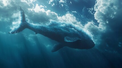 Fototapeta premium Giant fish swimming through the sky its tail blending into clouds symbolizing the fluidity of dreams and reality