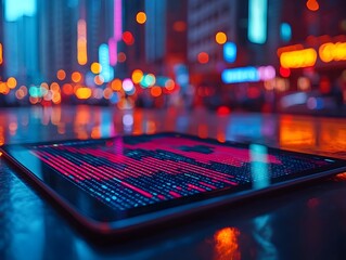 Vibrant market data displayed on a tablet in the city lights
