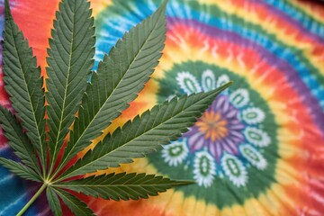A vibrant tie-dye background features a prominent cannabis leaf, symbolizing nature and alternative culture.