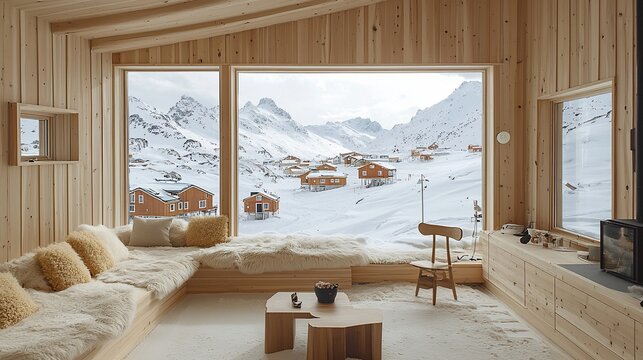 Modern Wooden Cabin Mountain Winter View