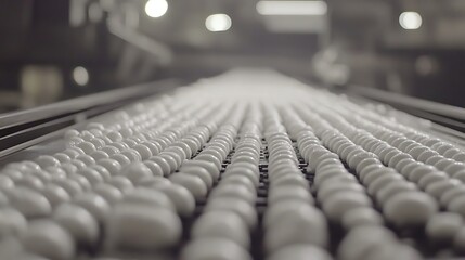 Obraz premium Balls rolling on factory conveyor belt, manufacturing line