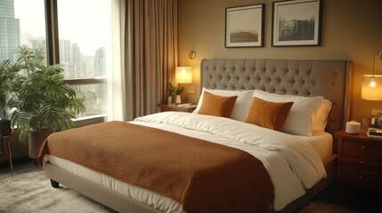 Luxurious bedroom with king-size bed, city view, and warm lighting
