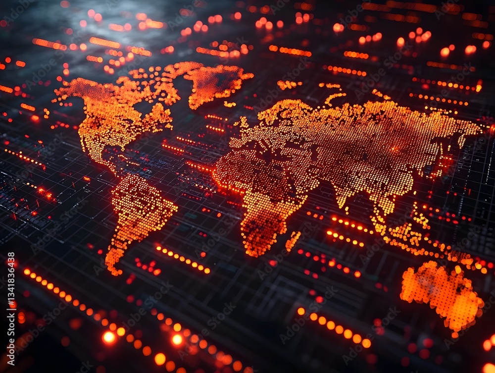 Poster a dynamic illuminated world map showcasing global trade and exchange hubs long title a vibrant futur