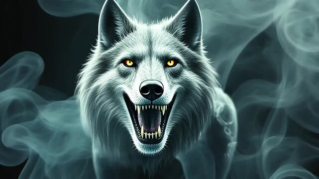 Ferocious White Wolf in Smoky Darkness
