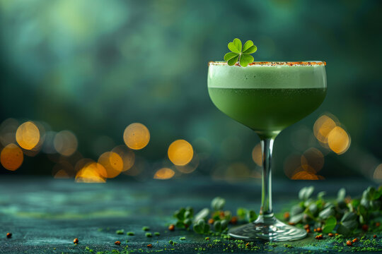 A green drink is sitting in a glass on a table. The drink has a leaf on top, giving it a festive and celebratory appearance. The glass is filled with a clear liquid. Patrick's Day beverage - Powered by Adobe