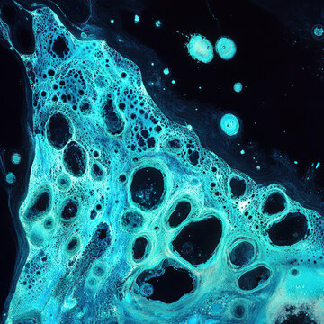 Kombucha tea biofilm under UV fluorescence, cellulose matrix emits turquoise light, cross-polarized