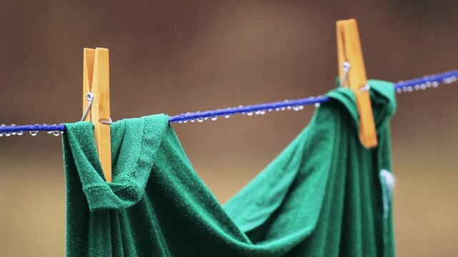 Wet clothes or laundry line on a rainy day