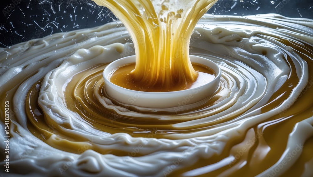Poster An abstract view of swirling liquids with a dynamic splash effect showcasing cream and syrup mixing together intricately