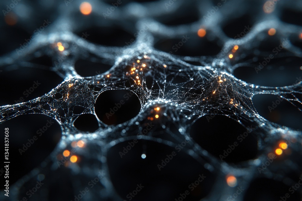 Poster intricate web of interconnected lines showcasing structure and complexity under low light conditions