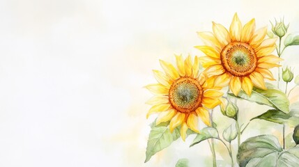 Obraz premium Watercolor Sunflowers Two Blooming Sunflowers on a Light Background, Botanical Illustration, Floral Art Sunflower, Watercolor Painting