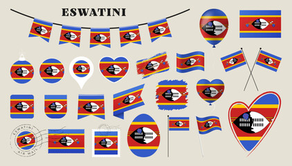 eswatini flag set. Various National flag collection with different shapes like heart, shield, easter egg, location, circle, postmark, grunge, square, round and rectangle vector illustration