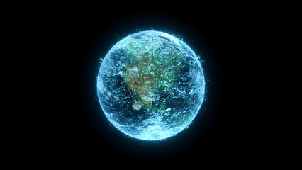Fototapeta premium glowing holographic representation of Earth, showcasing futuristic digital twin concept with vibrant blue light effects and intricate details of continents and oceans