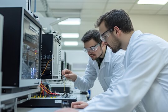 Engineers calibrating test equipment in an electronics R&D lab