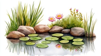 Watercolor Pond Scene Rocks, Lilies and Reeds, Watercolor Painting, Botanical Illustration ,Watercolor,Lily Pads