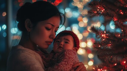 Mother Holding Baby Close in Front of Glowing Christmas Tree Lights at Night