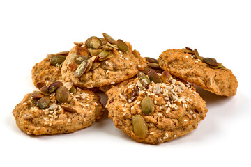 Homemade Seed Cookies with Pumpkin and Sesame Seeds Isolated on White Background.