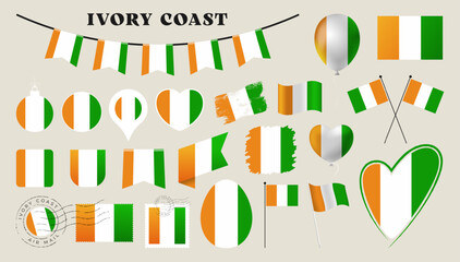 ivory coast flag set. Various National flag collection with different shapes like heart, shield, easter egg, location, circle, postmark, grunge, square, round and rectangle vector illustration