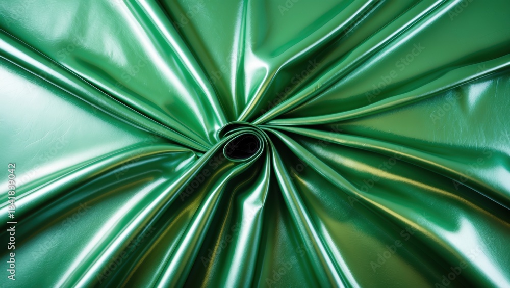 Poster close-up view of shiny green fabric with intricate folds and a central hole, reflecting light dynami
