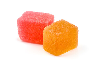 Fruit Jelly Candy Cubes Isolated on White Background.