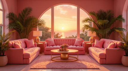 Fototapeta premium cozy pink living room with large windows, plants, and sunset view. warm atmosphere invites relaxation and comfort