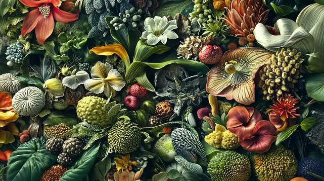 Vibrant Floral Tapestry: A profusion of exotic flowers and fruits in rich, saturated colors.