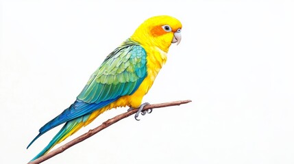Fototapeta premium Sun Parakeet Watercolor Painting Vibrant Bird on Branch, wildlife art, bird painting, parrot illustration Sun Parakeet, Watercolor Painting