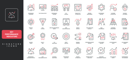 Key Performance Indicators, business development and quality metrics evaluation line icon set. Data analytics to plan and improve efficiency thin black and red outline symbols vector illustration
