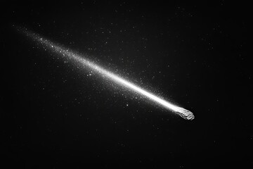 In the middle of a black background, a meteorite shines, tracing a trajectory like a comet
