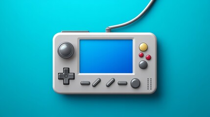 Fototapeta premium Retro Gaming Console 3D Render, Top View, Blue Background, Handheld Controller, Pixel Art gaming, console