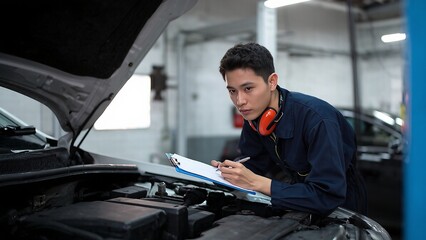 Automotive mechanic inspecting car engine, filling out checklist at auto repair shop for vehicle maintenance.